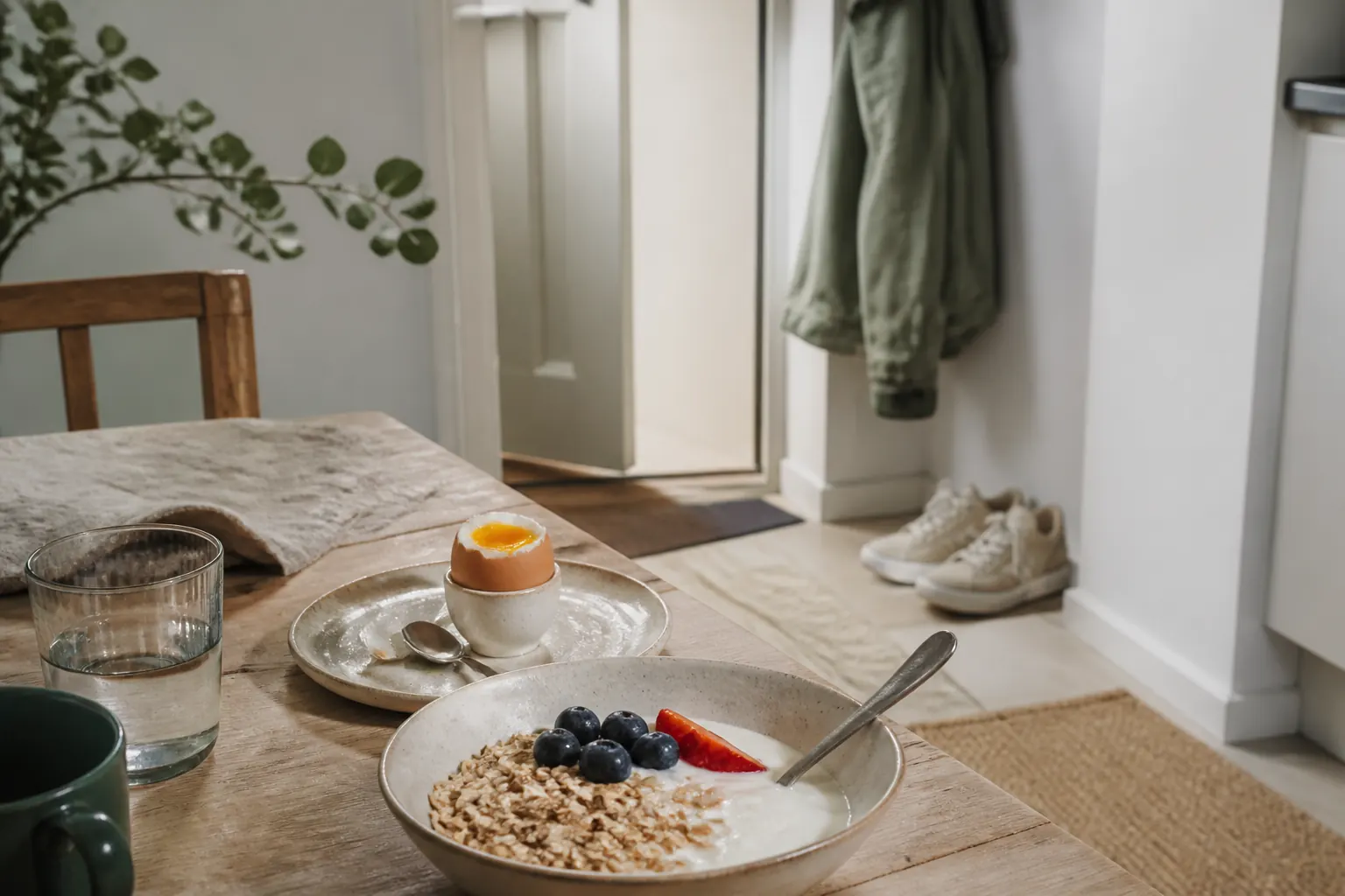 Frukost med yoghurt, havre, bär och ägg på ett köksbord, med promenadskor vid dörren