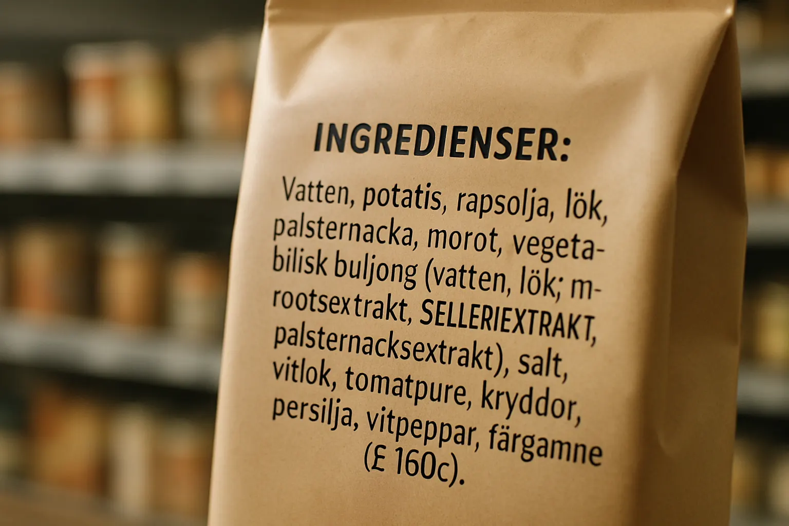Närbild på ingrediensförteckning med E‑nummer på en livsmedelsförpackning.