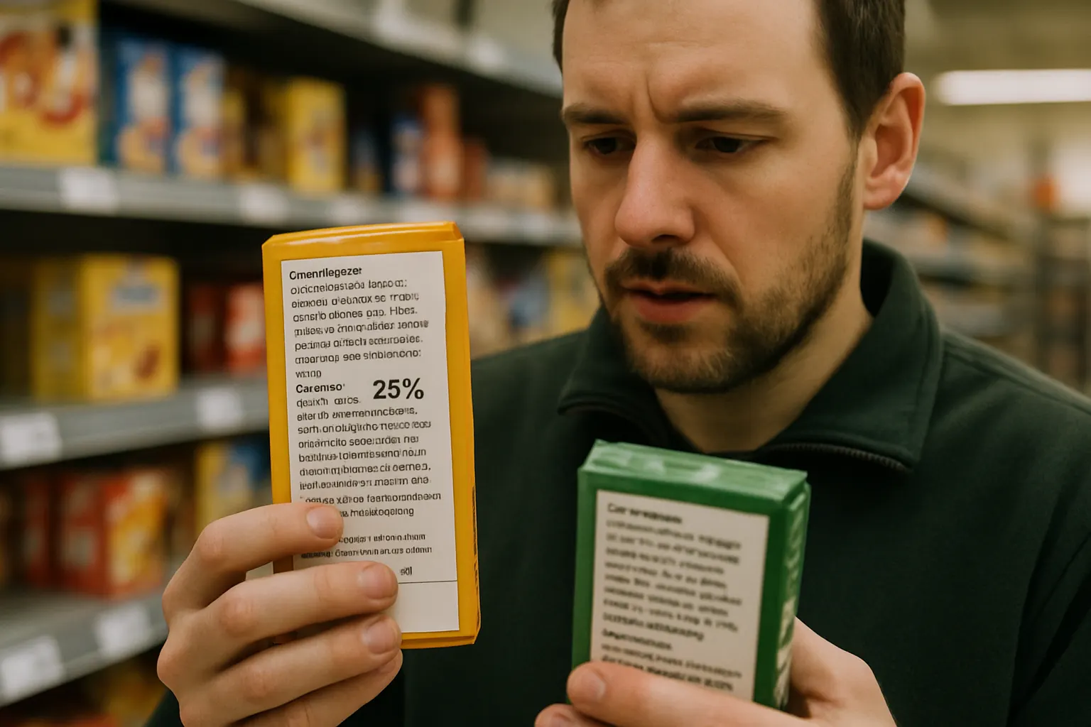 En person jämför två varor och läser ingrediensförteckningen på baksidan.