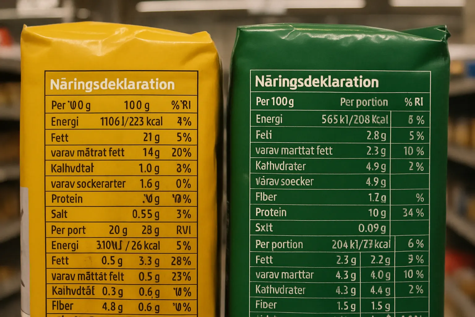 Två förpackningar där näringsdeklarationen jämförs per 100 g och per portion