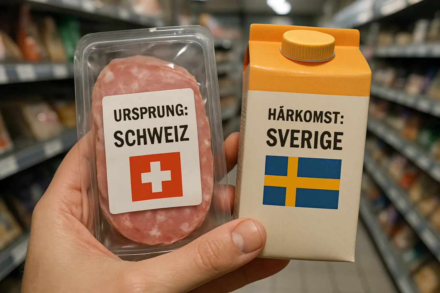 Två livsmedelsförpackningar i butik jämförs med fokus på ursprungsmärkning och symboler.