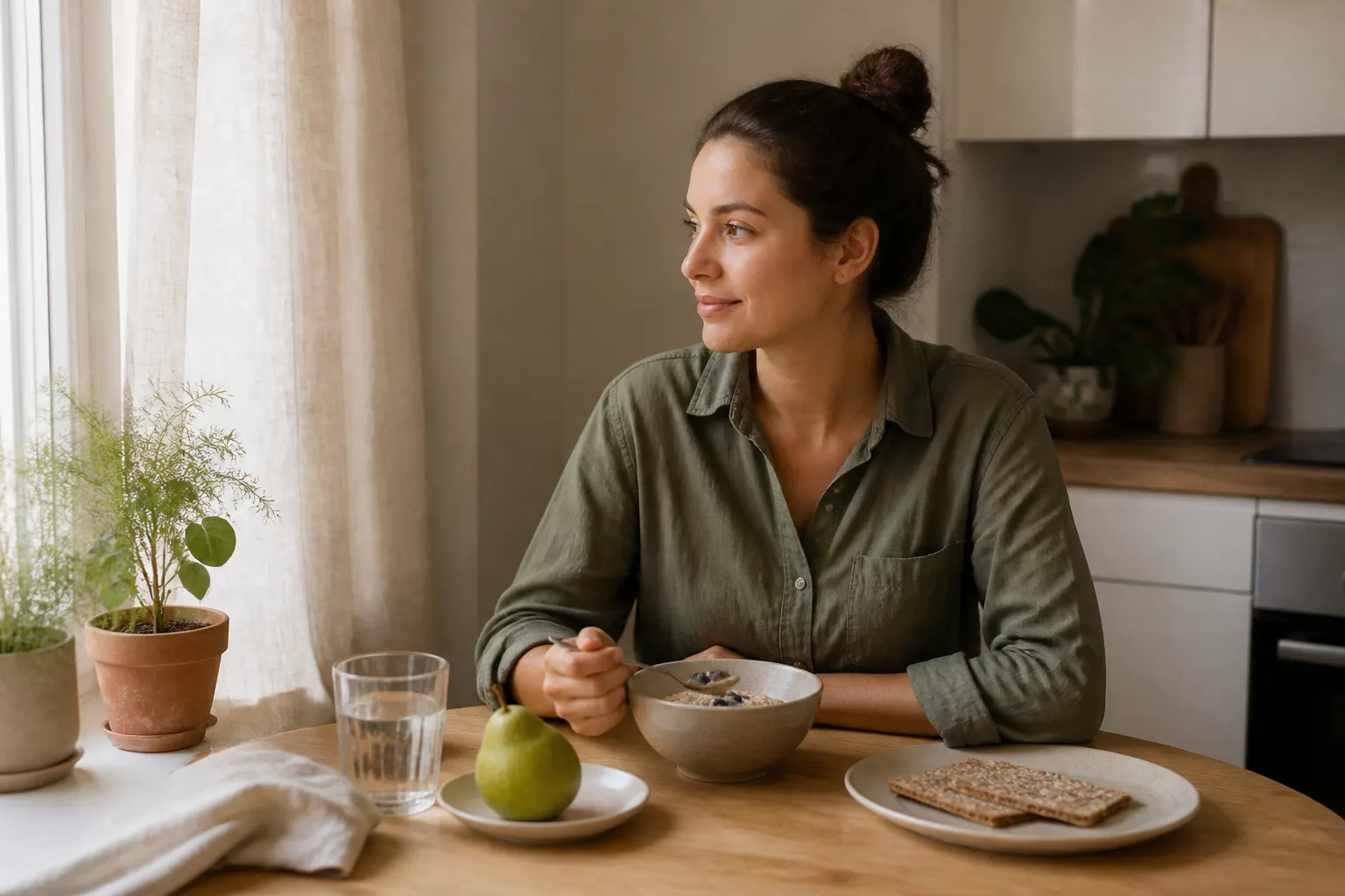 En person äter en lugn frukost med gröt, päron, knäckebröd och vatten