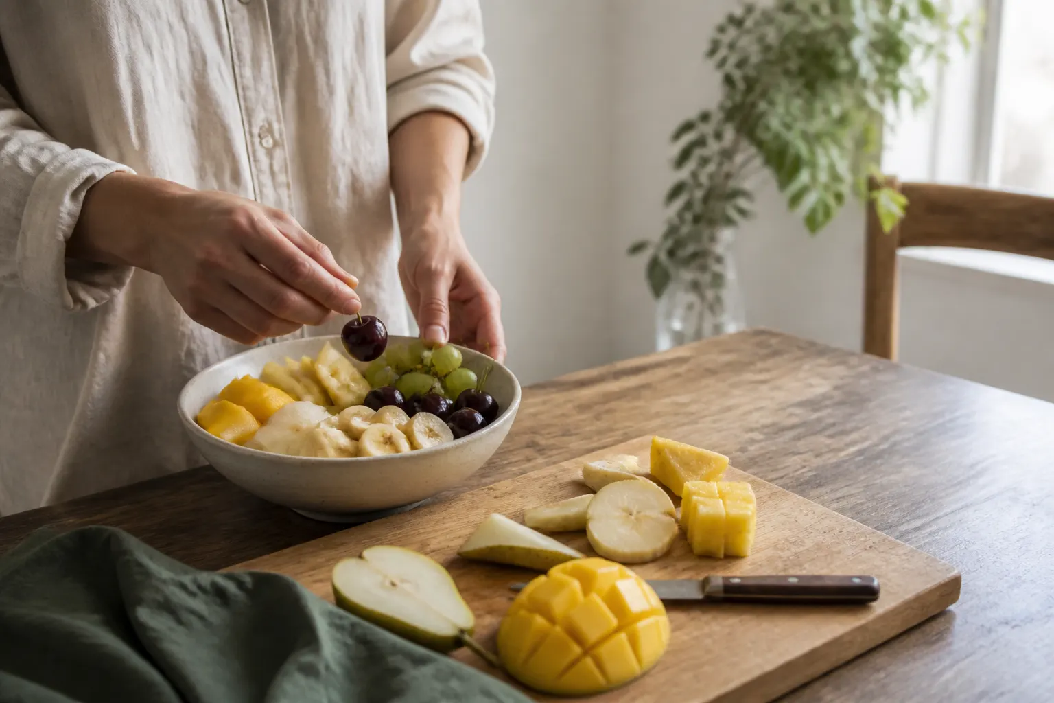 Person lägger banan, mango, päron, druvor och körsbär i en skål