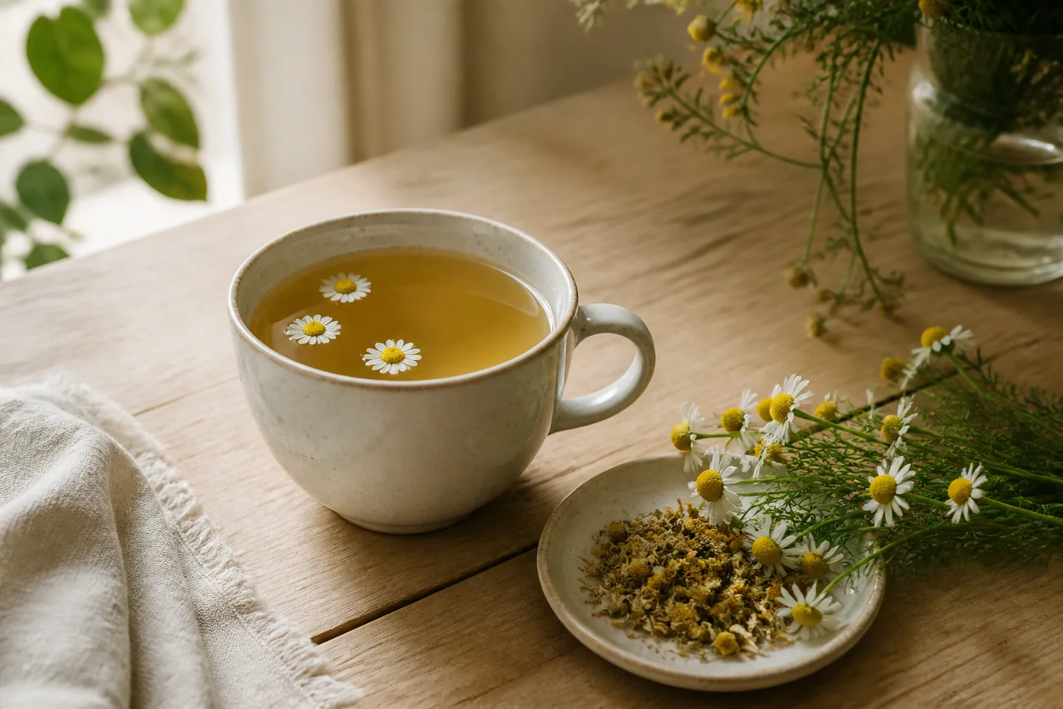 Keramikkopp med ljust kamomillte och kamomillblommor på ett träbord