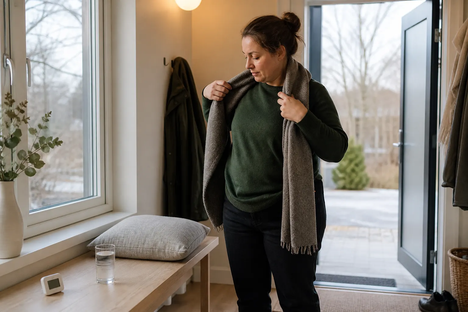 En person tar på sig en varm halsduk i en hall där ett glas vatten och en termometer står på en bänk