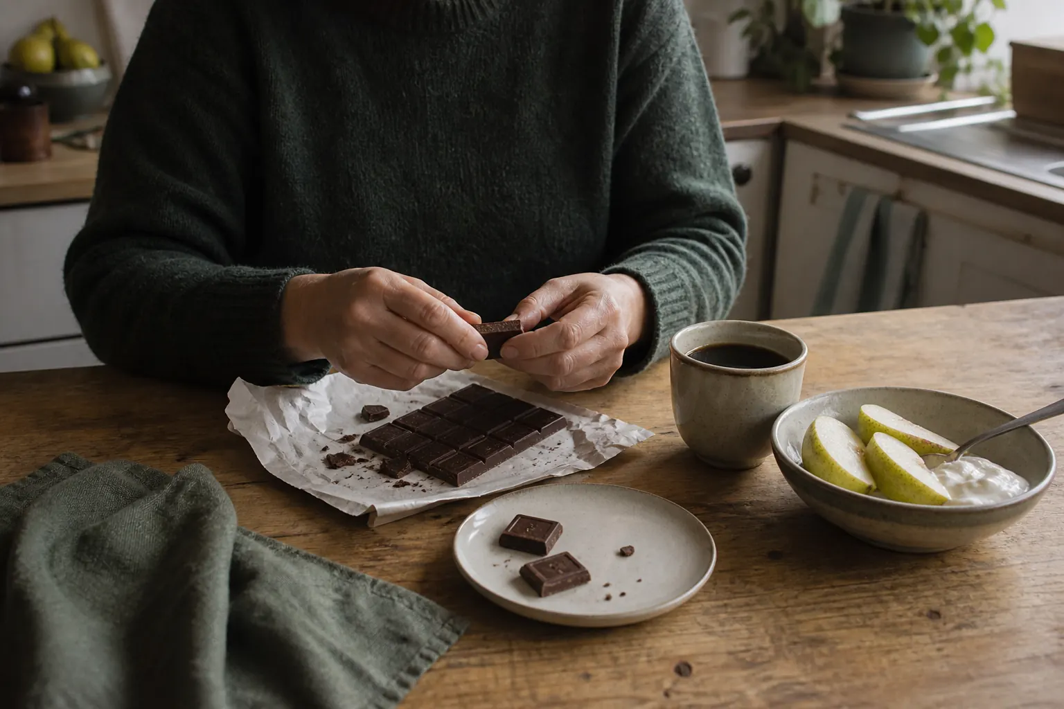 En person bryter en bit mörk choklad vid ett köksbord med kaffe, päron och yoghurt