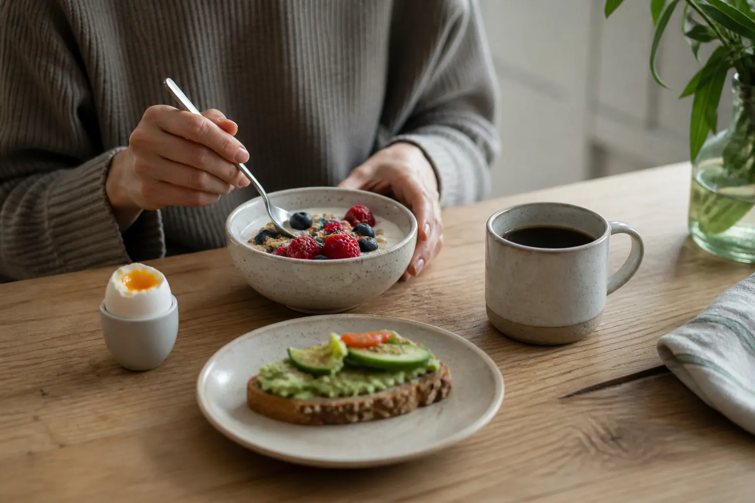 Frukost med yoghurt, bär, havre, ägg och fullkornsbröd bredvid en kopp kaffe