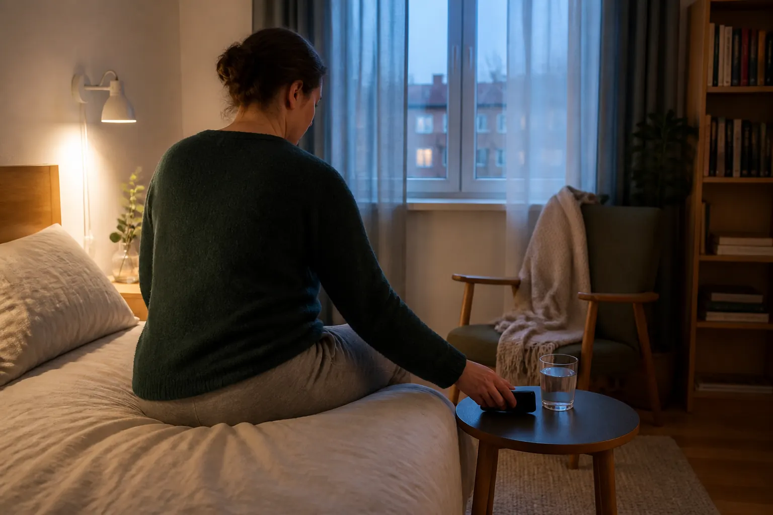 En vuxen lägger undan mobilen i ett lugnt sovrum före kvällsläsning