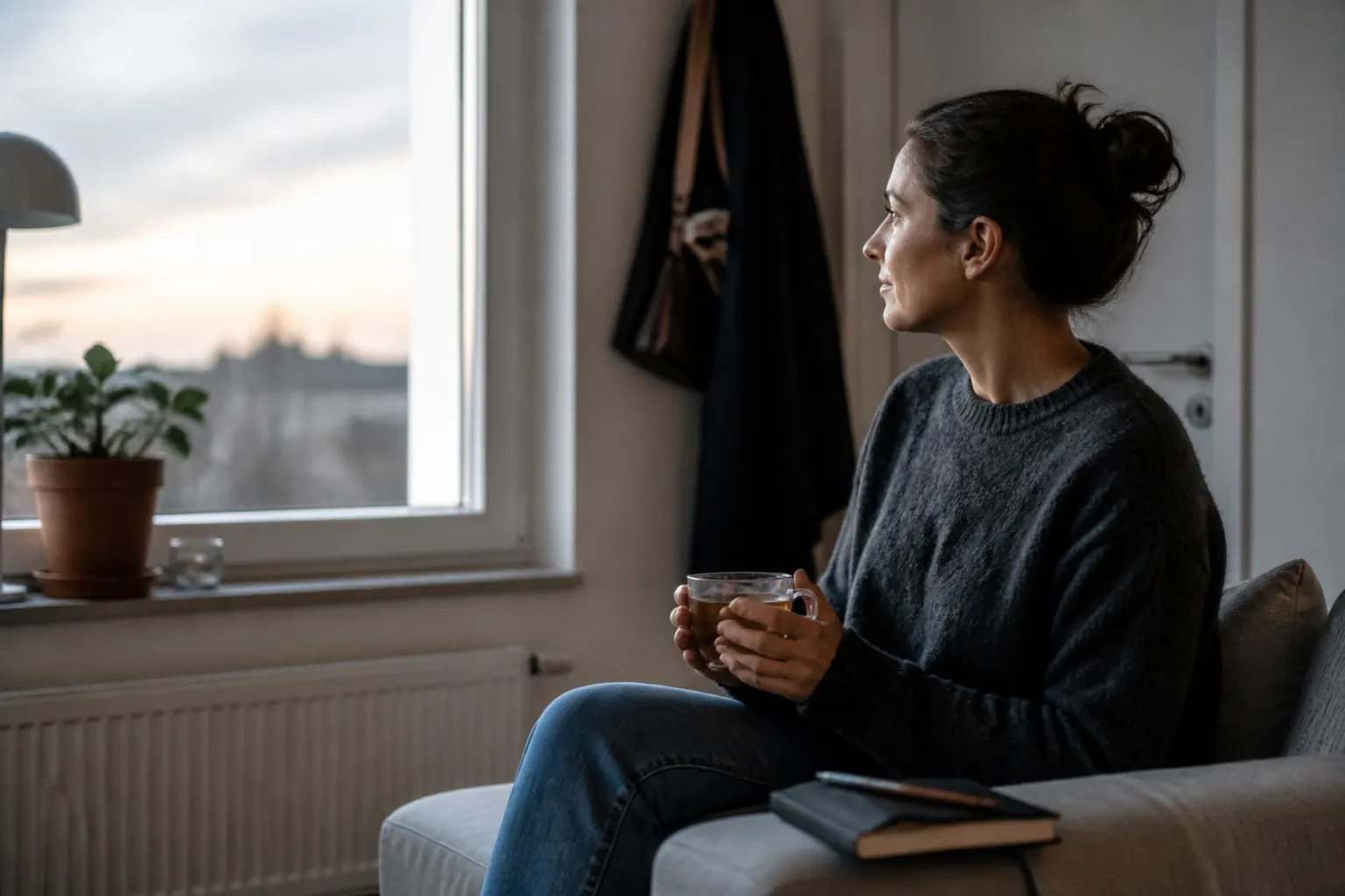 En enkel måltid och en kopp står framme vid ett lugnt fönster
