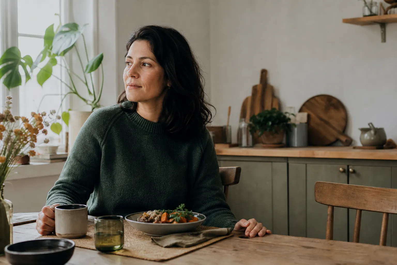 En person tar en lugn paus vid matbordet i ett ljust kök